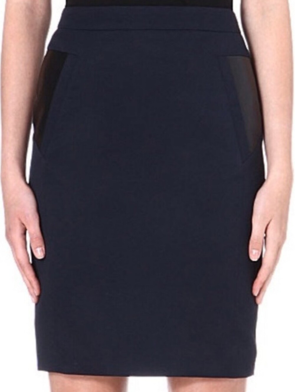 The Kooples Navy Blue Pencil Mini Skirt with Black Leather Side Panels. Size 10